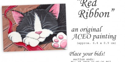 Original Cat ACEO: Red Ribbon © Lisa Marie Robinson