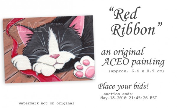 Original Cat ACEO: Red Ribbon &copy; Lisa Marie Robinson