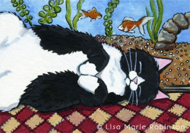 Sleeping With Fishes Cat ACEO by Lisa Marie Robinson