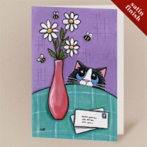 3 Bees, 3 Flowers, 2 Letters - Cat Art Greeting Card