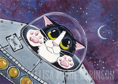 Tuxedo Cat in Space ACEO Painting by Lisa Marie Robinson
