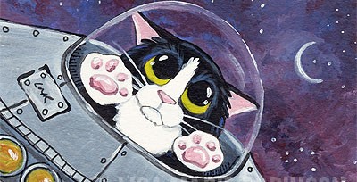 Tuxedo Cat in Space ACEO Painting by Lisa Marie Robinson