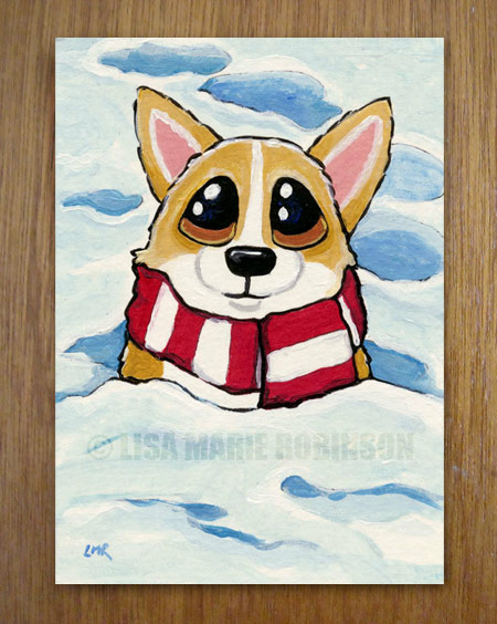 Dogs in the Snow ACEO series: Chilly Corgi