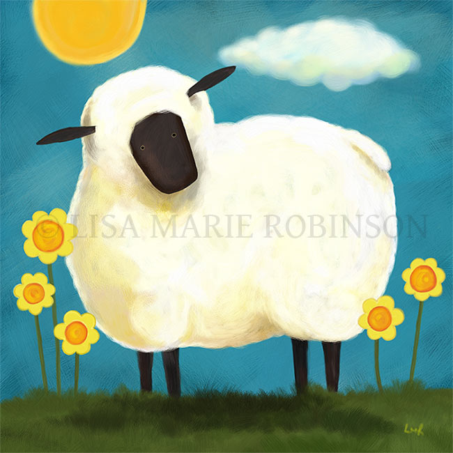 Fluffy Sheep and Yellow Flowers Art Print