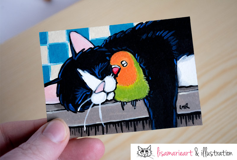 Feathers and Fur: Tuxedo Cat ACEO by Lisa Marie Robinson