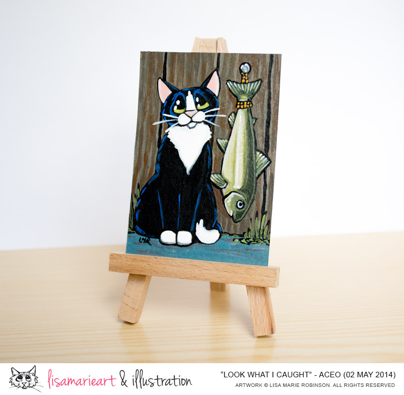 Look What I Caught - Tuxedo Cat ACEO by Lisa Marie Robinson