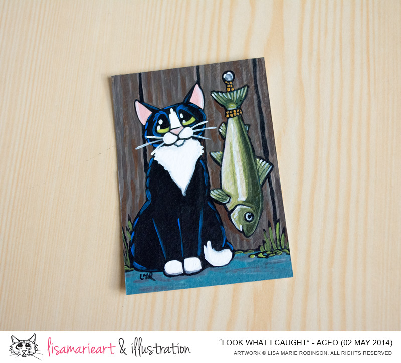 Look What I Caught - Tuxedo Cat ACEO by Lisa Marie Robinson