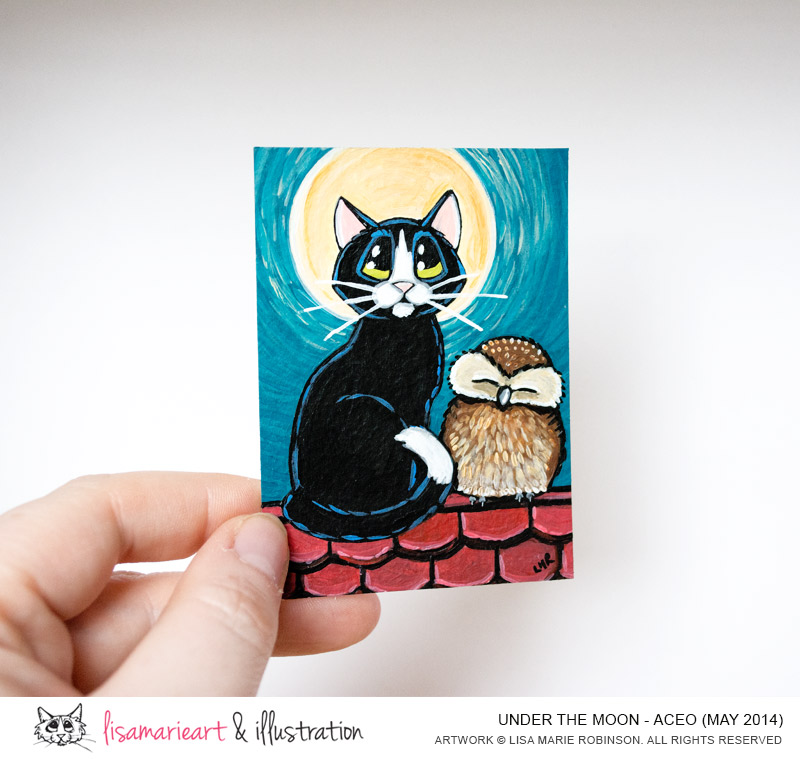 Under the Moon Cat and Owl ACEO by Lisa Marie Robinson