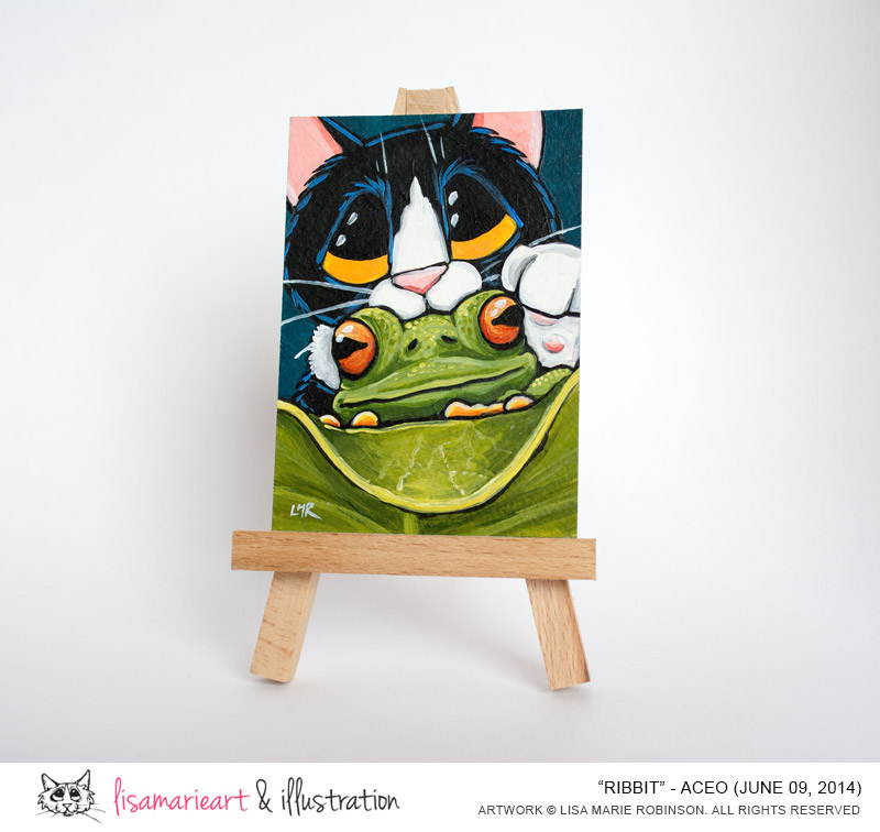 Ribbit: Tuxedo Cat and Frog ACEO by Lisa Marie Robinson