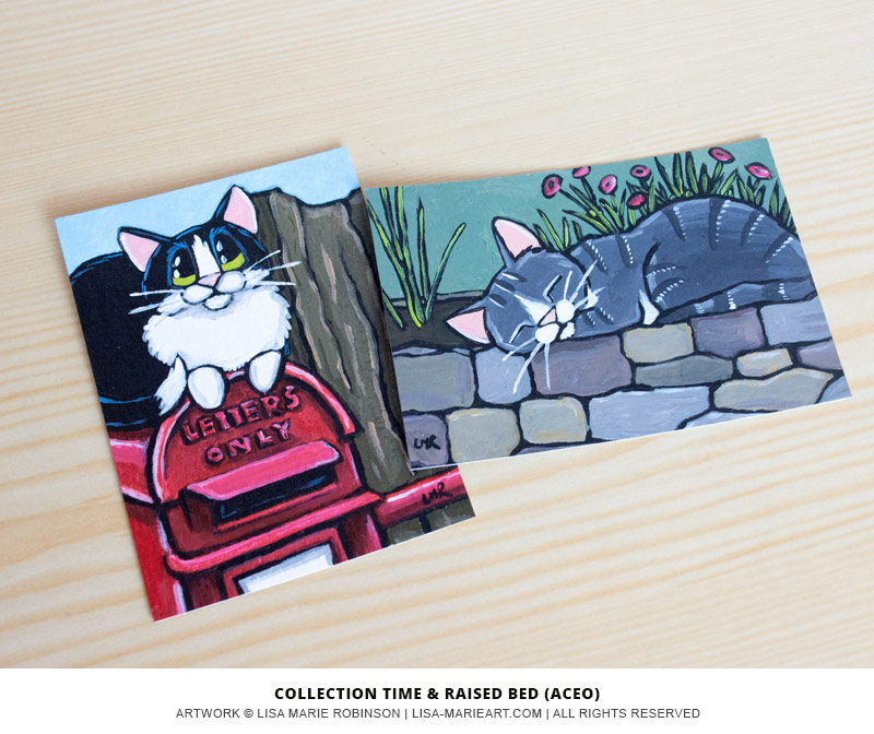 Tuxedo and Tabby Cat ACEO paintings by Lisa Marie Robinson