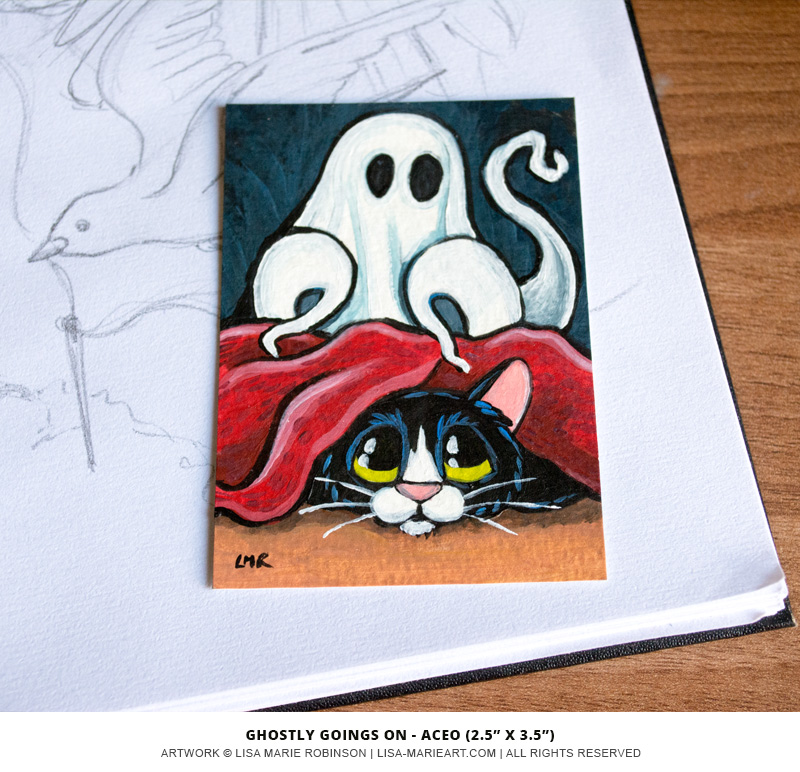 Ghostly Going On Halloween Themed Cat ACEO by Lisa Marie Robinson