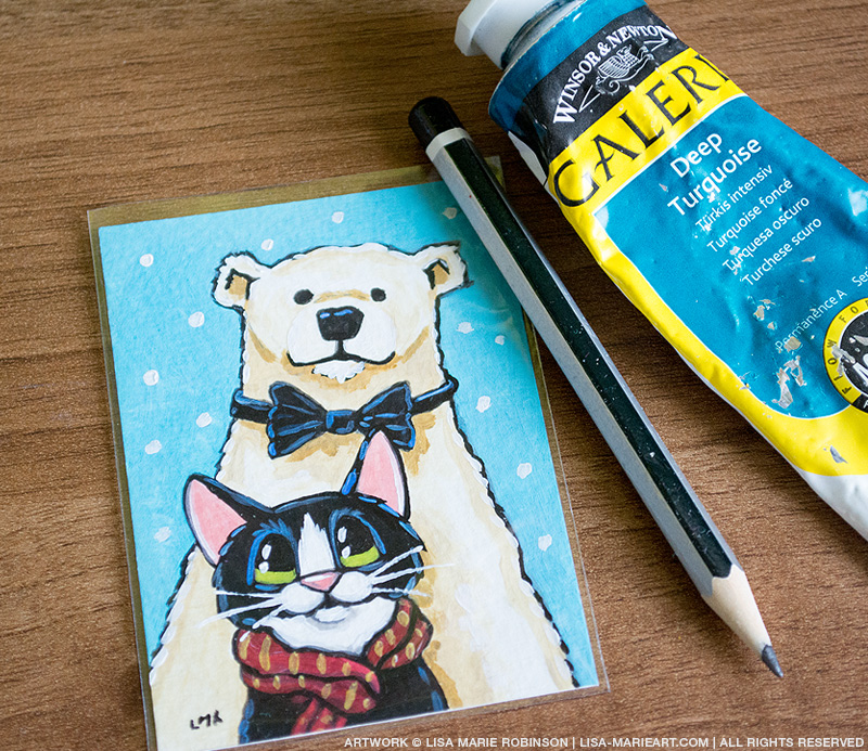 Polar Bear and Tuxedo Cat ACEO Painting by Lisa Marie Robinson
