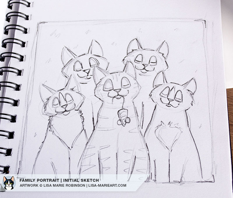 Feline Family Portrait Pencil Sketch