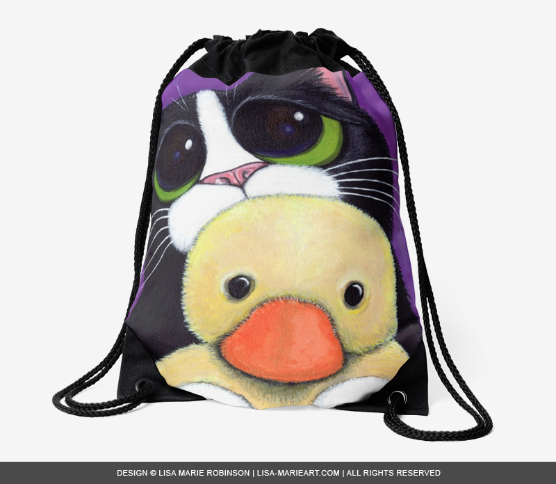 Tuxedo cat and Toy Duck drawstring bag
