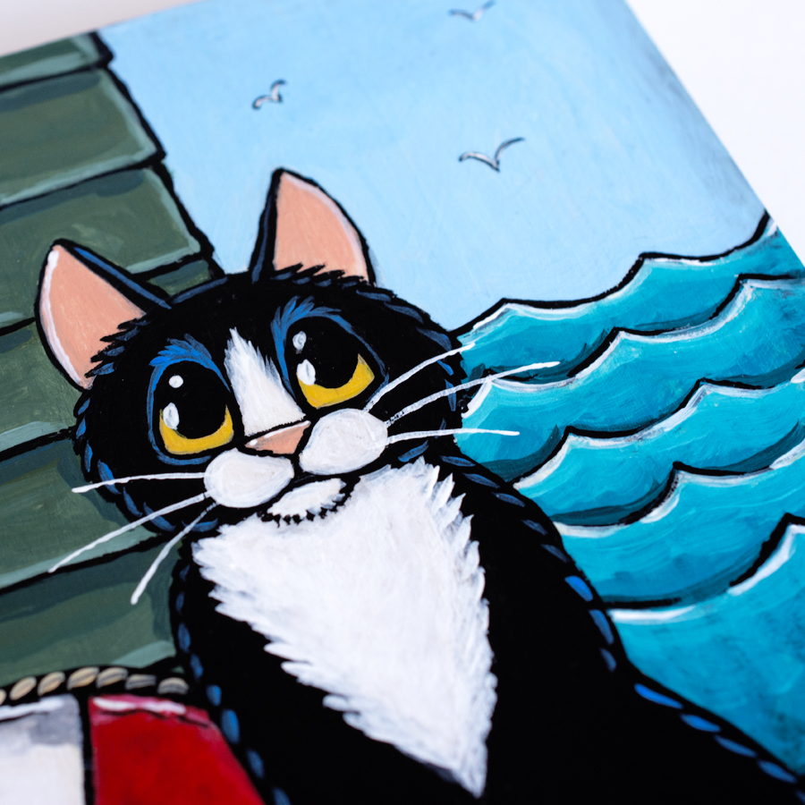 Whimsical Tuxedo Cat at the Beach Illustration | Close Up