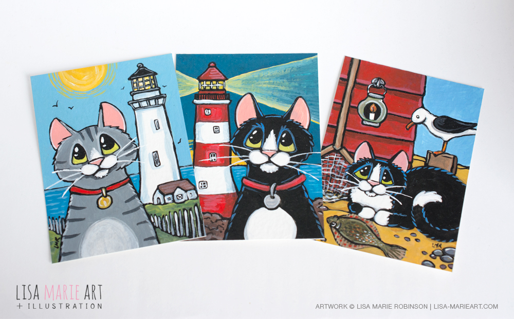 Lighthouse and Seaside Cat ACEO Art Cards by Lisa Marie Robinson