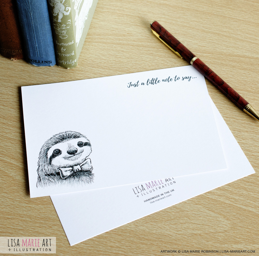 Dapper Sloth Handmade Notecard Set (Front and Back)