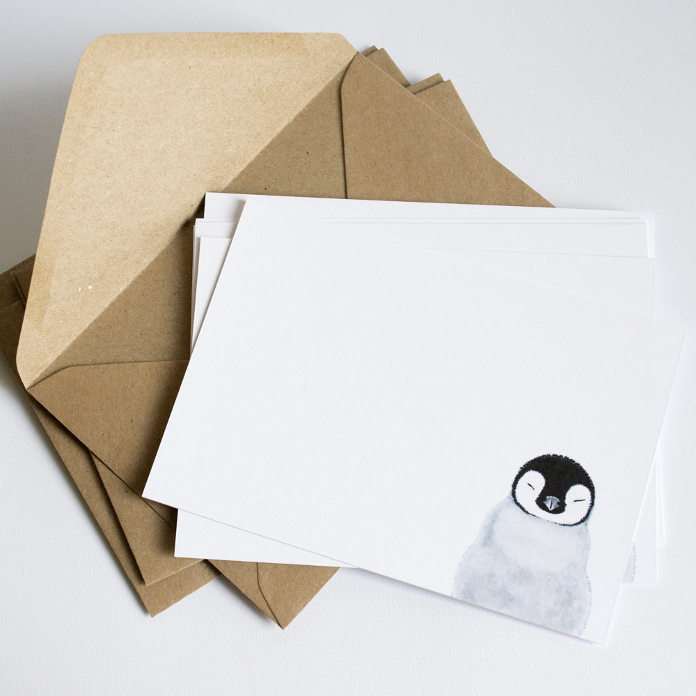 Sleepy Penguin Notecards with Recycled Kraft Envelopes