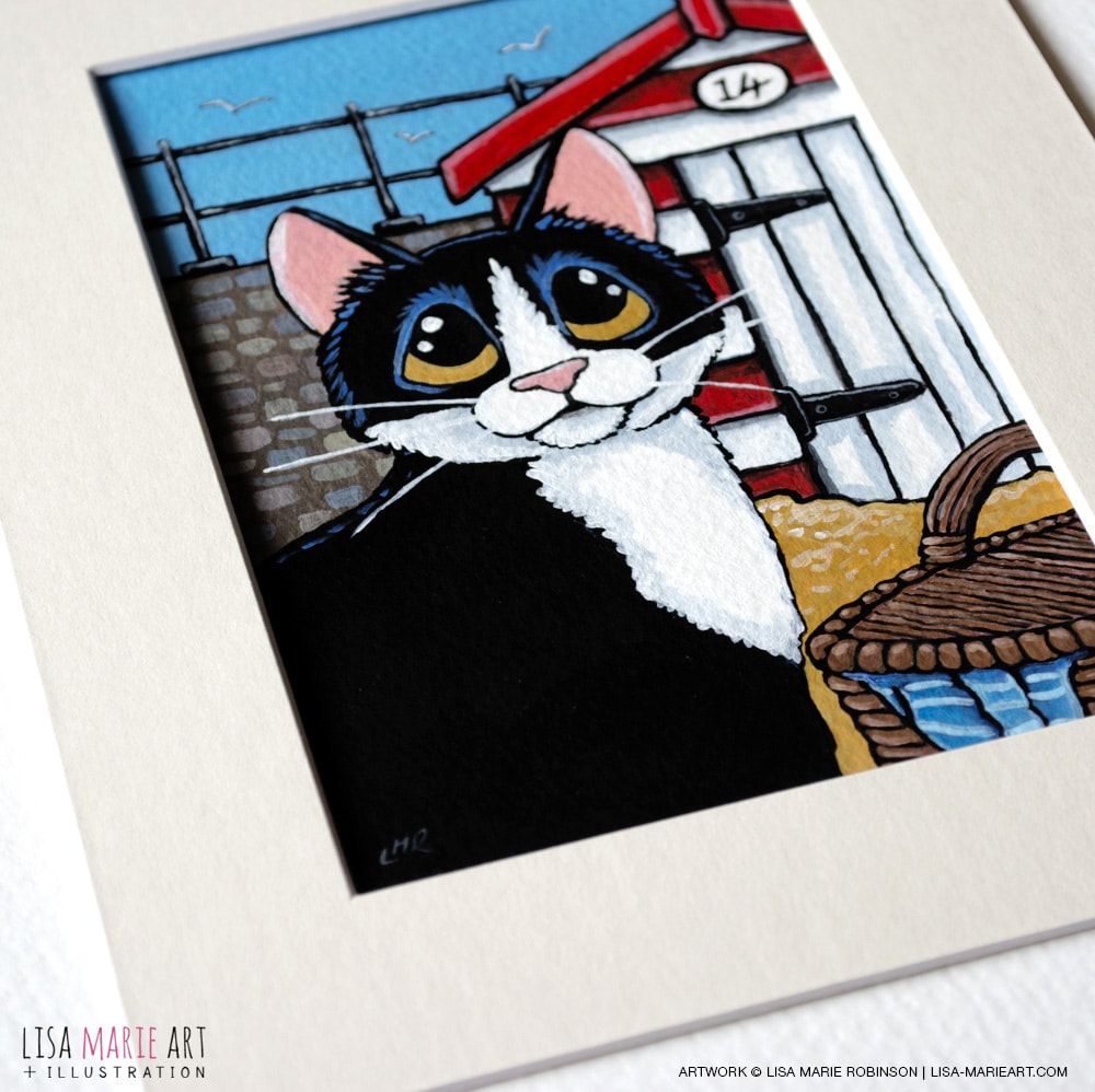 Tuxedo Cat and Beach Hut Painting with Mount