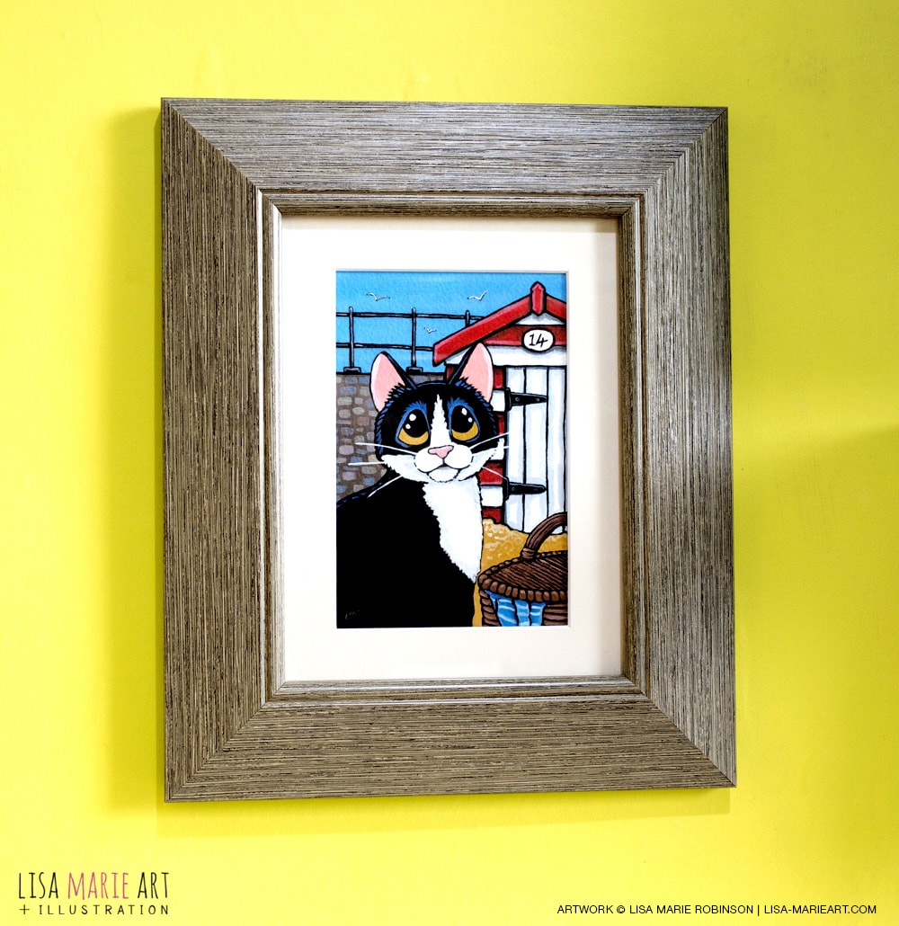 Tuxedo Cat and Beach Hut Painting with Frame