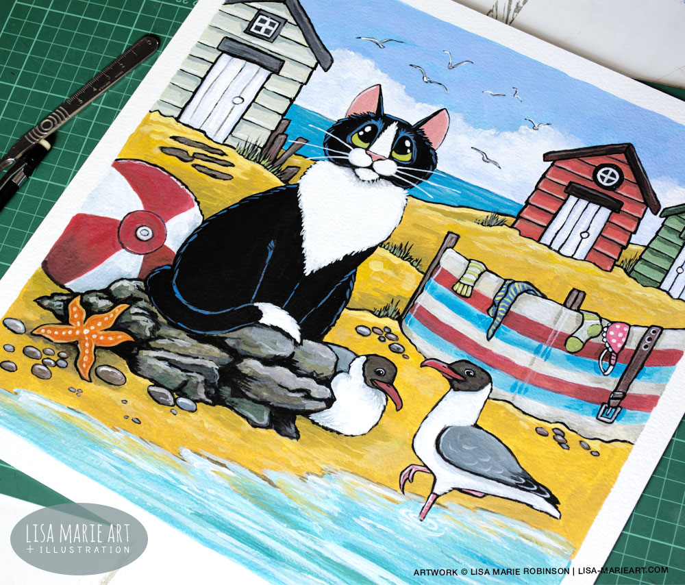 Tuxedo Cat at the Beach Illustration