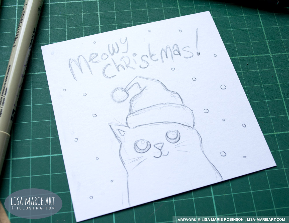 Hand Drawn Cat Christmas Card Sketch
