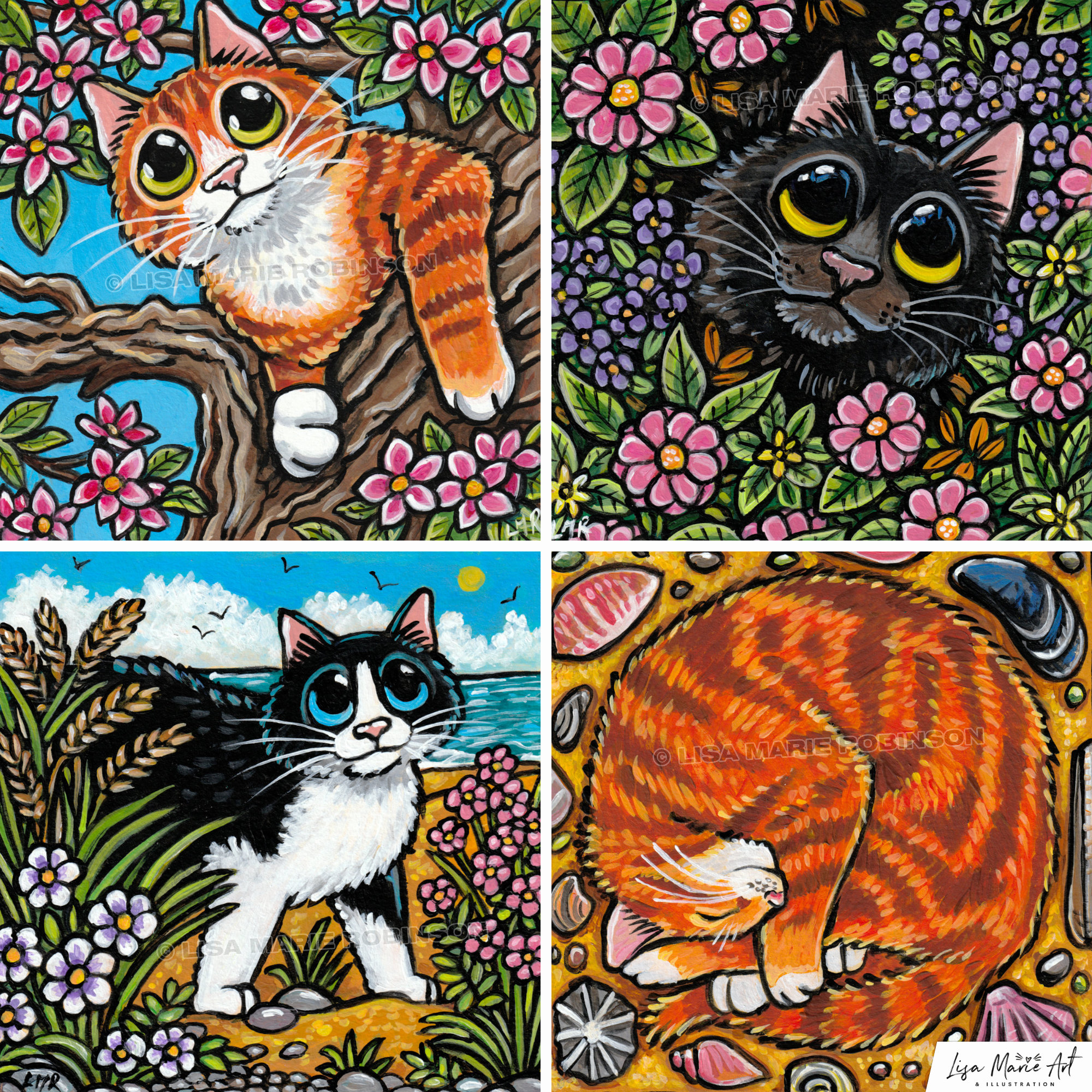 Four cat paintings by Lisa Marie Robinson.