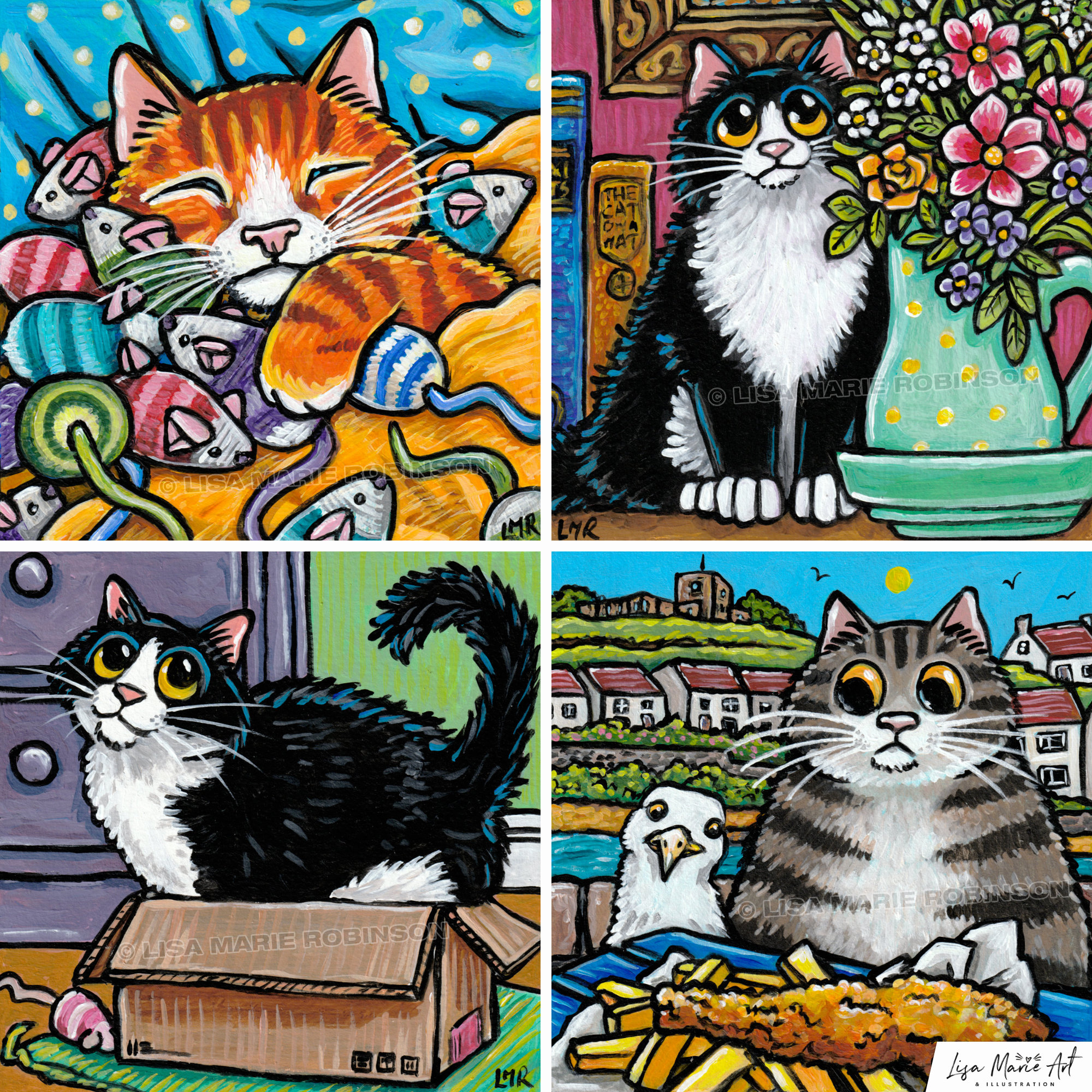 Four cat paintings by Lisa Marie Robinson.