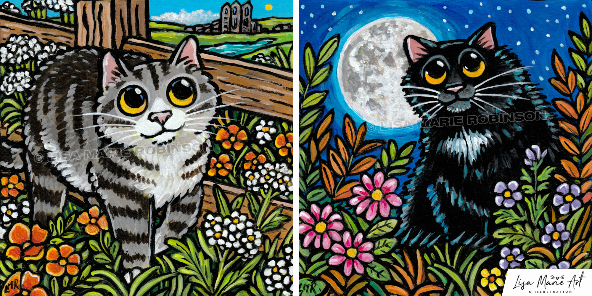 Two cat paintings by Lisa Marie Robinson.