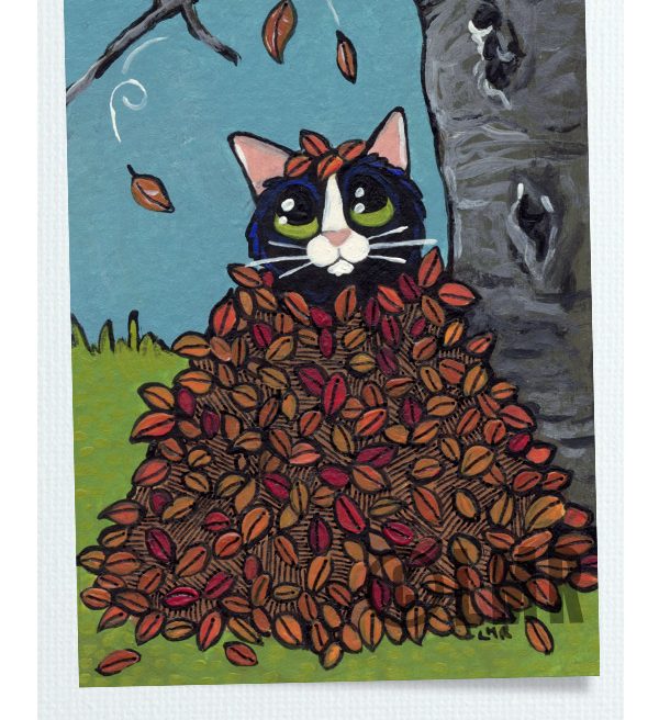 Original Cat ACEO - Fall Leaf Hideout