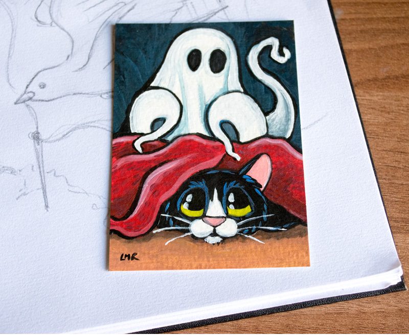 Ghostly Going On Halloween Themed Cat ACEO by Lisa Marie Robinson
