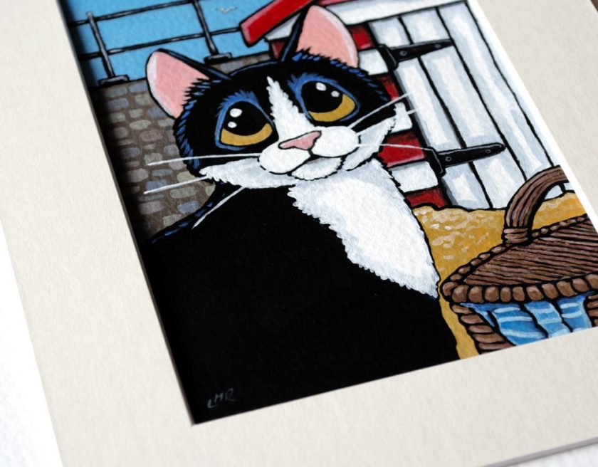 Tuxedo Cat and Beach Hut Painting with Mount